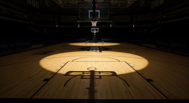 Empty basketball court illuminated by spotlights, focusing on the free throw line and hoop, creating a dramatic and focused atmosphere. - Powered by Adobe