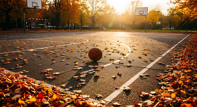 A basketball rests on an outdoor court covered with fallen autumn leaves, bathed in the warm light of the setting sun. - Powered by Adobe