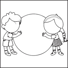 Children’s Day Kids with Big Circle Illustration | Cute Outline Artwork