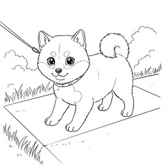 Charming Shiba Inu Puppy Coloring Page. Hand-drawn illustration of a cute dog on a leash, perfect for kids' creative fun, relaxation, and artistic play
