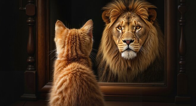 Small red or ginger non-confident insecure frightened kitten looks in mirror and sees big brave strong confident lion. Metaphor for self-esteem, self-respect, self-love. Believing in you will succeed