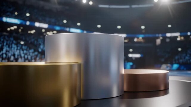 Unoccupied winners podium gleaming with gold, silver, and bronze in a grand stadium. The top three spots eagerly await the champions for the prize giving ceremony