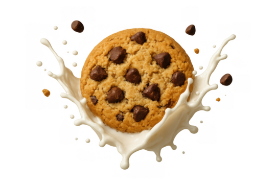Chocolate chip cookie dropping into milk, creating a dynamic splash with falling chocolate chips and milk droplets