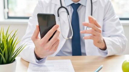 Cropped image of doctor in white coat using smartphone for telemedicine consultation, sitting at desk with papers, pen, and plant. Modern healthcare and digital communication concept. - Powered by Adobe