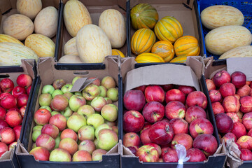 d apples, orange citrus fruits, and fragrant melons are displayed in crates at a fruit market. A colorful display
