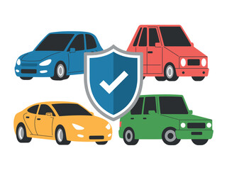 Naklejka premium A shield with a checkmark is placed in the center of four colorful cars.