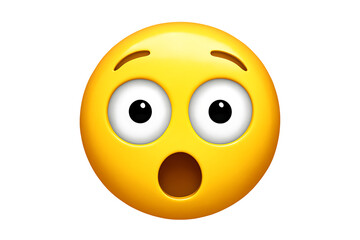 Yellow emoji face with wide open eyes and mouth expressing surprise and shock, cutout, PNG isolated on white or transparent background