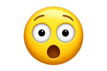 Yellow emoji face with wide open eyes and mouth expressing surprise and shock, cutout, PNG isolated on white or transparent background