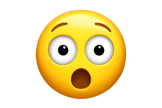 Yellow emoji face with wide open eyes and mouth expressing surprise and shock, cutout, PNG isolated on white or transparent background