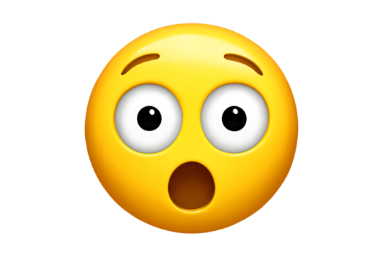 Yellow emoji face with wide open eyes and mouth expressing surprise and shock, cutout, PNG isolated on white or transparent background