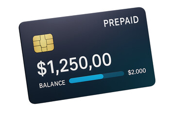 Dark blue prepaid credit card with gold chip displaying balance and progress bar, cutout, PNG isolated on white or transparent background