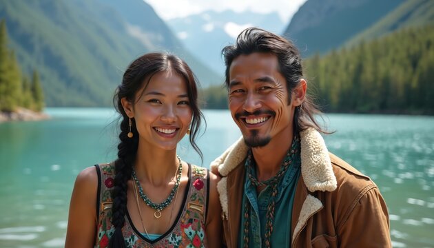 Happy alaska native couple smile at mountain lake. Pair enjoy nature together. Man, woman in love travel to Alaska wilderness. Diversity equity inclusion concept. Generative AI romantic illustration.