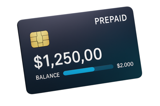 Dark blue prepaid credit card with gold chip displaying balance and progress bar, cutout, PNG isolated on white or transparent background