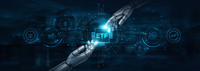Hold on, robot hands track ETF and futuristic interface, managing investment portfolios. Smart trading. Automated insights drive financial growth and transparency.