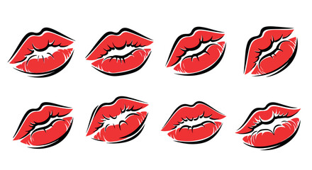 Red lips in various expressions with transparent background