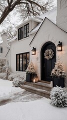 Winter Snowfall Covers Charming House With Festive Decorations in Quiet Neighborhood