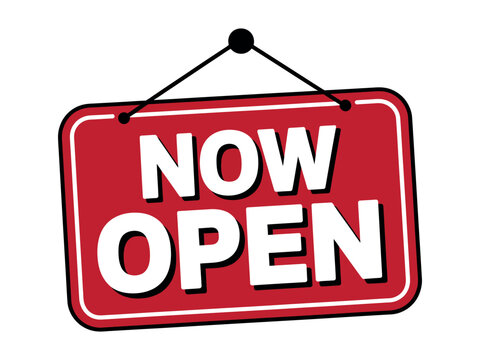 A red "NOW OPEN" sign hangs, indicating a business is open for customers.