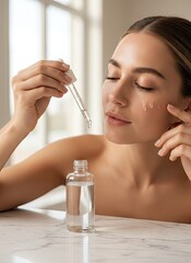 Fototapeta premium Beautiful woman applying face serum for healthy skin and beauty treatment indoors