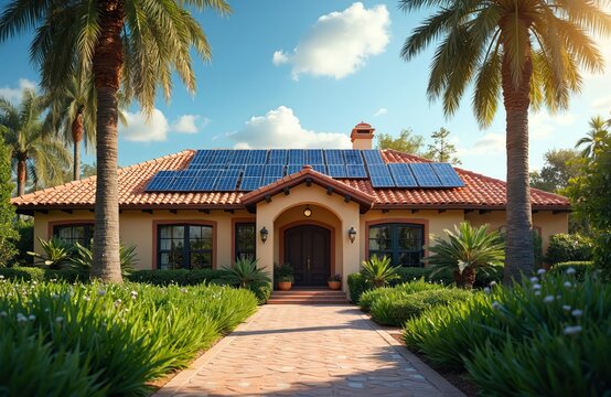 Mediterranean house with solar panels on terracotta roof. Rich green garden with palm trees leads to arched entrance. Sunny day with blue sky and white clouds.