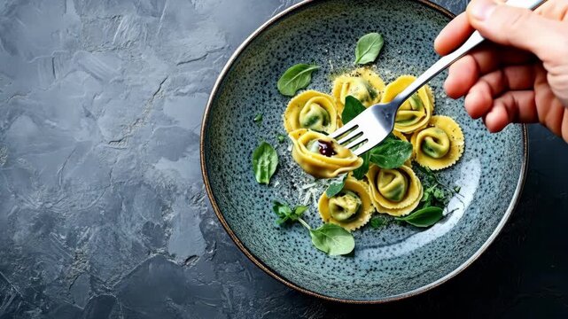 Fresh handmade tortellini with basil on rustic blue plate