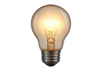 Glowing light bulb illuminating with warm filament, symbolizing new ideas, creativity, innovation, and solutions on transparent background