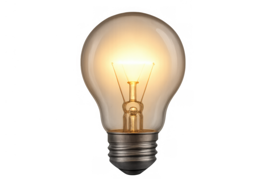 Glowing light bulb illuminating with warm filament, symbolizing new ideas, creativity, innovation, and solutions on transparent background
