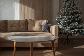 Cozy Christmas Living Room with Decorated Tree and Gifts