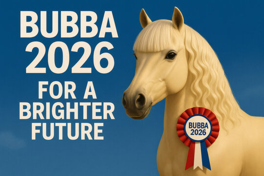 A fantasy about a humorous 2026 election campaign - the candidate is a cute horse named bubba 