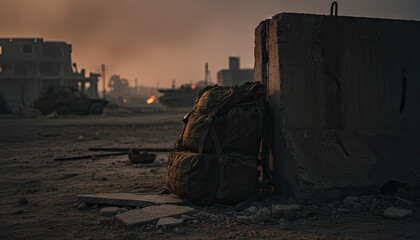 Military backpack leaning against concrete wall in desolate urban landscape