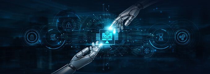 Hold on, robot hands perform Software Development and futuristic interface, coding efficiently. Agile engineering. Intelligent systems enhance functionality, performance, and user experience.