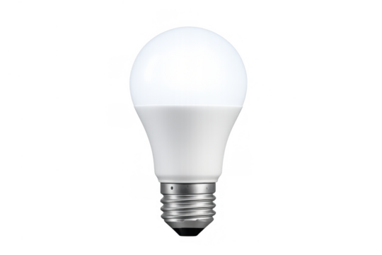 Led bulb lighting up, symbolizing sustainable energy, new technology, and bright thinking. Isolated on a transparent background