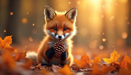 Fototapeta premium Cute baby fox sits in autumn forest holding pinecone. Fallen orange leaves surround small wild animal. Golden light filters through trees creating bokeh effect.