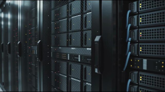 Dynamic data center video shows servers running efficiently, ideal for tech company promotion and cloud service marketing with a sense of innovation - Powered by Adobe