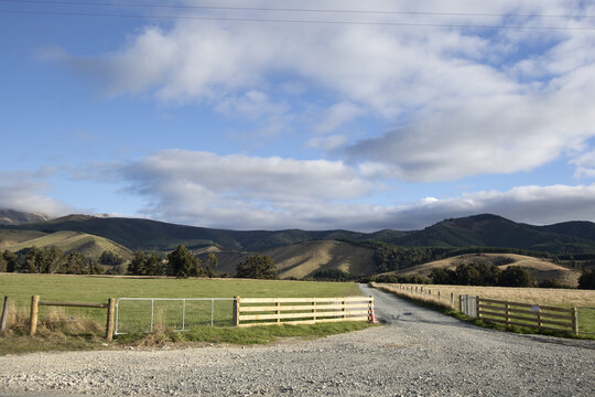 View of the gravel path leading to a vibrant green pasture fenced with wooden barriers under a bright sky, with distant mountains, Wellington, Wellington Region, New Zealand.