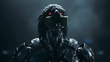 A detailed image of a dark cyborg head, with red eye, gas mask, and feathers