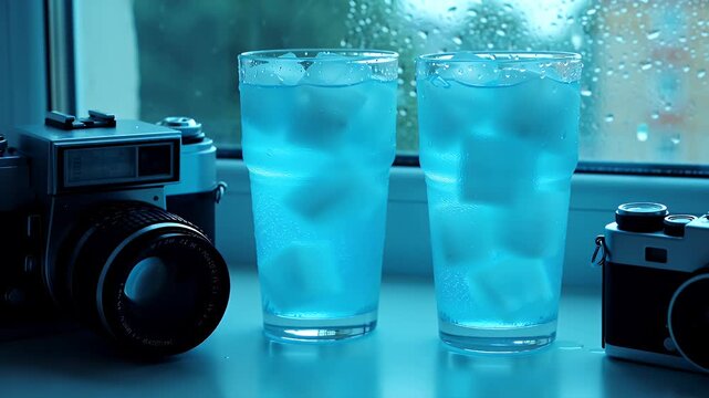 Two Iced Glasses with Ice Cubes Beside Vintage and Compact Cameras in a Blue Studio Setting