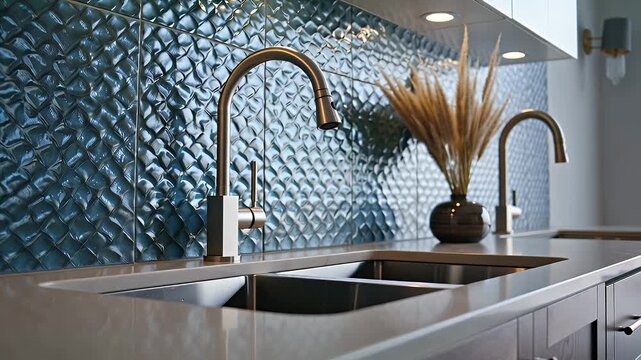 Two Modern Kitchen Sinks with Curved Gooseneck Faucets Beneath Teal Textured Tile Backsplash