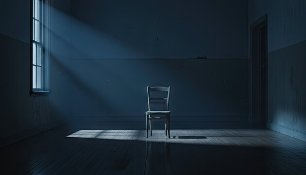 Lonely vintage chair in empty room with ray of light from old window indoor