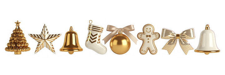 Elegant golden Christmas ornaments including a tree star and gingerbread man isolated on a white background for holiday designs