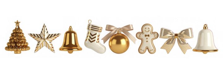 Elegant golden Christmas ornaments including a tree star and gingerbread man isolated on a white background for holiday designs