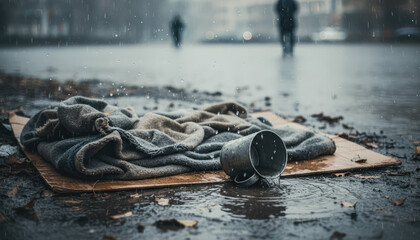 Homeless persons shelter in rain shows poverty with cup and blanket on cardboard