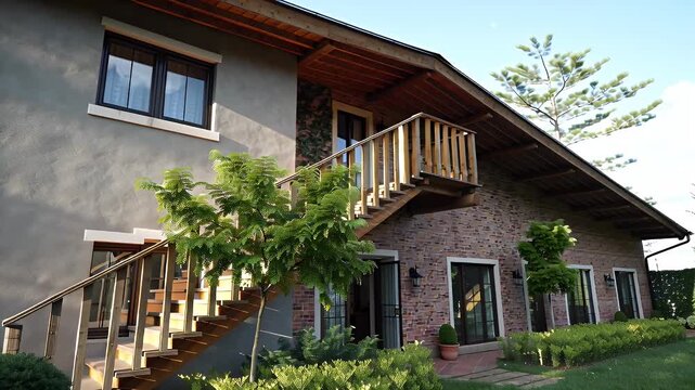 Two-Story Modern Rustic House with Outdoor Wooden Staircase and Balconies Among Green Landscaping