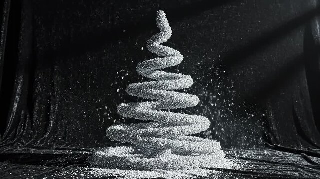 Spiral shape formed from white granules on black velvet background with falling particles