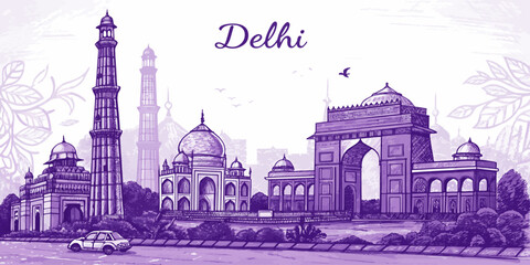 Delhi Skyline Illustration with Iconic Landmarks, Cultural Elements, India Tourism Art, Modern Cityscape Design for Prints & Digital Use