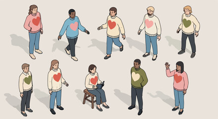 Diverse group of people wearing heart sweaters