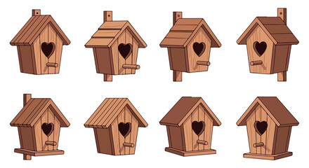 Wooden birdhouses set with transparent background