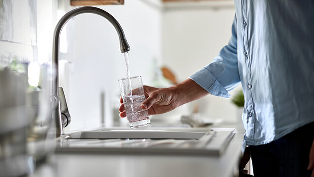 Close-up of a person's hand filling a clear glass with fresh tap water from a modern kitchen faucet, emphasizing hydration, well-being, and healthy daily lifestyle choices at home