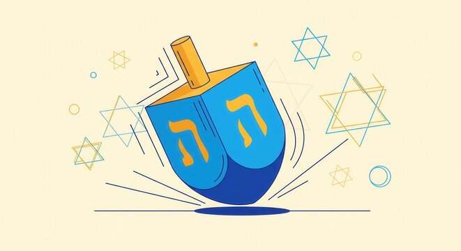 A modern illustration of a spinning dreidel with Stars of David. This festive graphic evokes the spirit of Hanukkah. Ideal for holiday cards, banners, and cultural content.