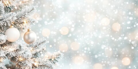 Fototapeta premium Closeup view of the fir branches with Xmas baubles. Snowfall outdoors. Christmas and New Year concept.