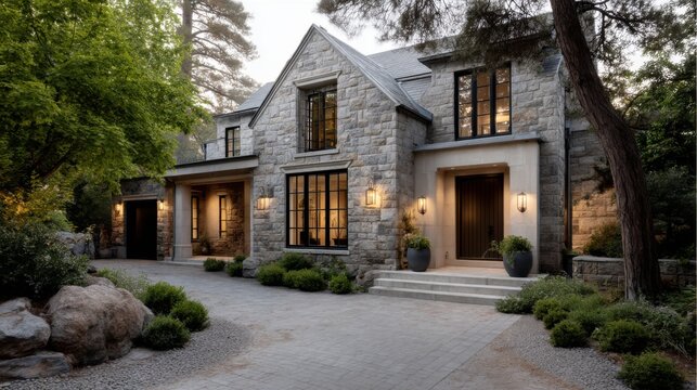 Modern light gray stone and wood English style house with black windows, cobblestone driveway leading to the front door, landscaping, trees and front view.
